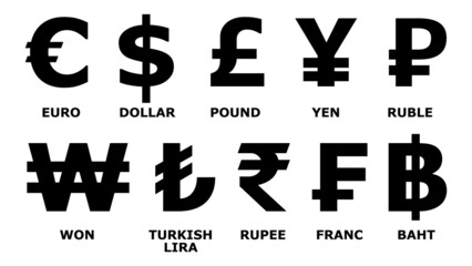 Most used currency symbols on white background. - obrazy, fototapety, plakaty