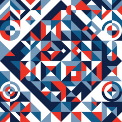 Obraz premium Blue square geometric background poster design. Abstract decorative pattern. Bauhaus design style. Decorative ornament mosaic banner. Collage in Sacndinavian, Swiss design style. Vector illustration. 