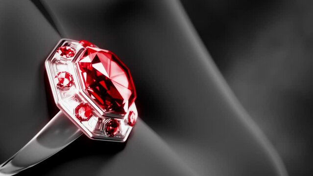 goldish ring with red ruby jewel on finger, fictitious