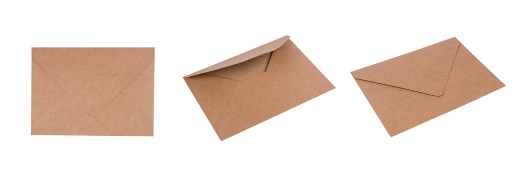 Set of brown kraft paper envelopes front and back isolated on white background for your design project. Mailing concept, mockup image