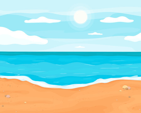 beach cartoon background. Print for postcard, packaging. Seascape. Sandy beach, heavenly vacation by the sea or by the ocean. Sun is at its zenith. Clouds on blue sky. Vector illustration, flat