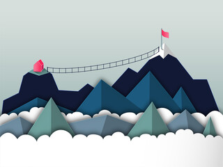 Business concept of overcoming obstacles and accepting challenges. Illustration of a paper cut mountain top with hut and hanging bridge to reach the mountain top