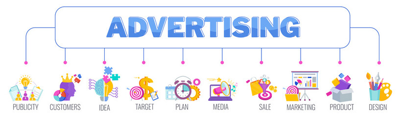 Advertising banner with set of icons. Creative digital marketing strategy.