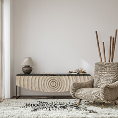 Home living room interior with ethnic decoration, African style, 3d render © artjafara