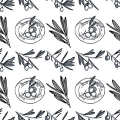 Seamless pattern with olive branches, olives, a plate of olives drawn in vector on a white background. Suitable for menu design, kitchen decoration, scrapbooking.