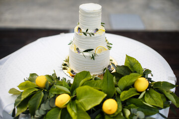 Beautiful wedding cake decorated with yellow lemons