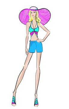 Sketch Fashion Illustration on a white background Woman in summer outfits crop tops and shorts