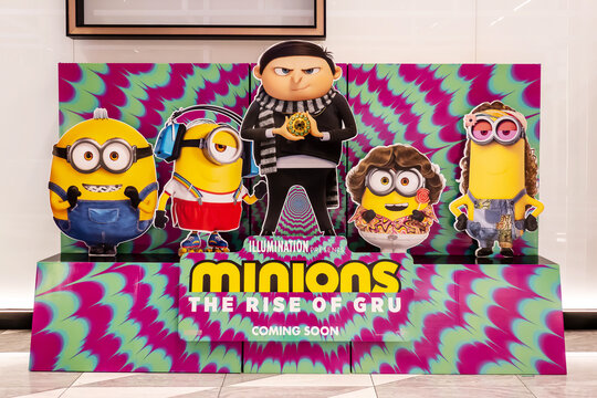 Bangkok, Thailand - May 29, 2022: A beautiful standee of The Animation Movie Minions: The Rise of Gru displays at the cinema to promote the movie