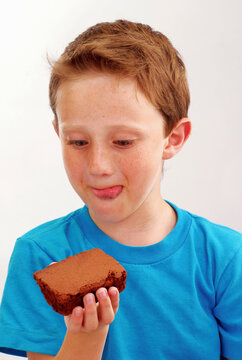 Little Kid Eating Chocolate Brownie Portrait On White Background.