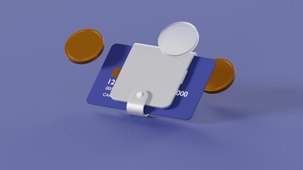 Wallet in the form of a mobile phone inside which is a credit card, with gold coins on an isolated background 3d render