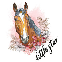 Portrait of a bay horse and flowers vector illustration