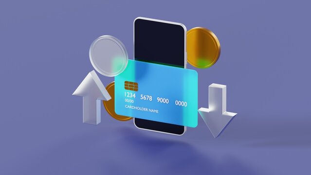 Mobile phone with a credit card and gold coins on an isolated background, illustration on the theme of paying by phone 3d render