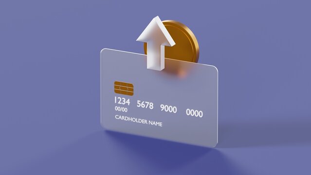 Credit card on an isolated background with coins and an arrow up, illustration on the theme of remote payment 3d render