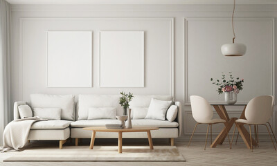 mock up poster frame in modern interior background, living room, Scandinavian style, 3D render, 3D illustration