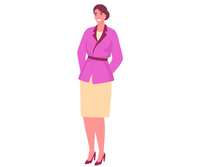 Happy businesswoman wearing pink jacket and tie. Vector cute girl, smiling woman in an office outfit isolated on white. Female character teacher or manager. Secretary in full height business person