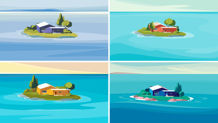 Set of seascapes with house on island. Beautiful natural landscapes.