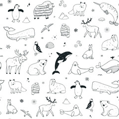 Arctic animals vector seamless line pattern