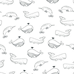 Arctic sea animals whale, narwhal, cachalot vector seamless pattern © GooseFrol