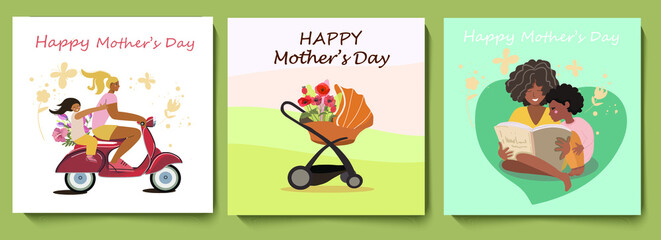 A set of three square cards with congratulations on Mother's Day, mother and daughter ride a scooter, a blooming baby stroller with poppies, a dark-skinned mother reads a book to her son.