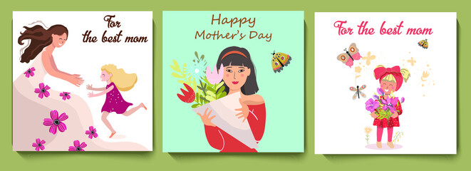 Fototapeta na wymiar A set of three square cards with congratulations on Mother's Day, a daughter runs to her mother, an Asian woman with a bouquet, a baby girl in a turban with a bouquet of magnolias, vector illustration