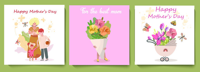 A set of three square cards with congratulations on Mother's Day, a mother of many children with three children, a blooming stroller, baby holds a huge bouquet of hibiscus, vector illustration.