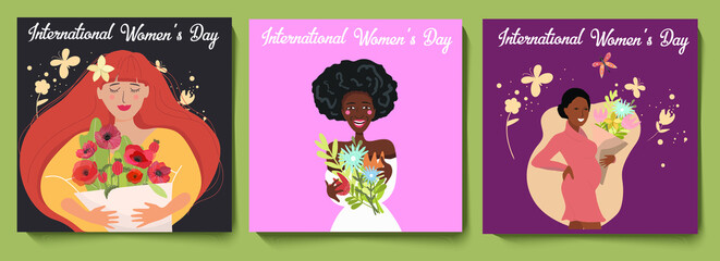 Set of three square cards with congratulations on Mother's Day, a red-haired woman with a bouquet of poppies, a dark-skinned woman with a bouquet of abstract flowers and a pregnant  woman.