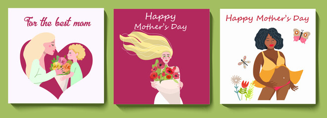 Fototapeta na wymiar A set of three square cards with congratulations on Mother's Day, a son gives flowers to mom heart-shaped illustration, a woman with a bouquet of flowers, a dark-skinned pregnant woman, vector.