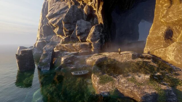 The traveler got into a creepy dragon cave lost in the ocean. 3D illustration