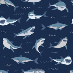 Obraz premium Sharks vector seamless pattern