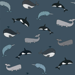 Arctic sea animals whale, narwhal, cachalot vector seamless pattern