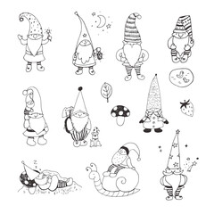 gnomes with houses and forest mushrooms vector illustrations set