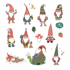 gnomes with houses and forest mushrooms vector illustrations set