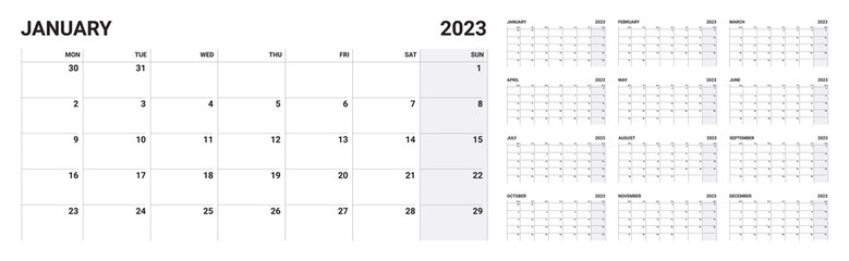 2023 year Calendar template. week start Monday. Planner diary in a minimalism style. Corporate and business calendar. Organizer. Monthly calendar. Daily planner.