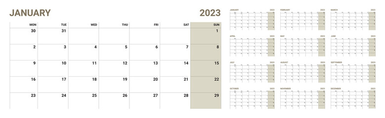 2023 year Calendar template. week start Monday. Planner diary in a minimalism style. Corporate and business calendar. Organizer. Monthly calendar. Daily planner.