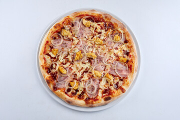 tasty italian pizza on wooden background