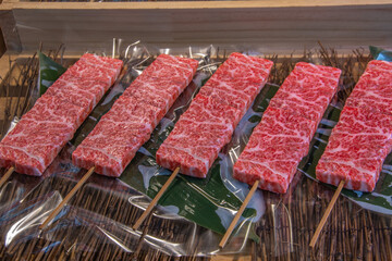 High-grade sliced Japanese wagyu beef for sale at the Tsukiji Outer Market in Tokyo, Japan