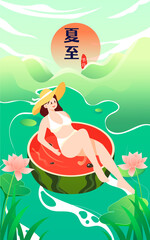Obraz na płótnie Canvas People outdoors in summer with lotus flowers and river water in the background, vector illustration, Chinese translation: Summer Solstice