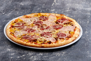 tasty italian pizza on wooden background