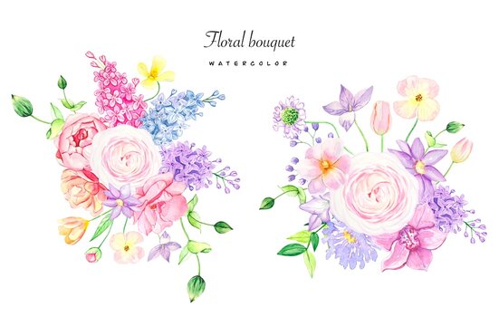 Watercolor bouquets of summer flowers. Floral arrangements on a white background