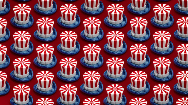 3D Illustration Pattern of USA Uncle Sam Top Hats Isolated on Red Background for Election, Fourth of July, Memorial Day, United States Patriotic Concept