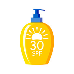 Yellow tube with a blue dispenser of sunscreen with SPF 30 on a white background. Cosmetics with UV protection. 