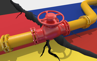 Gas or oil pipeline with valve on background of the flags of Russia and Germany. Financial sanctions and energy embargo because of the invasion of Ukraine. Oil import export. 3d render - obrazy, fototapety, plakaty