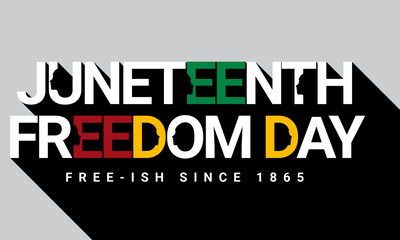 Juneteenth Freedom day, long shadow typography illustration, free-ish since 1865 with black people silhouettes poster design