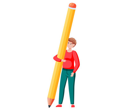 recommend clip art: Man holds big pencil and drawing. Boy writing prosess isolated. Creative male character, back to school concept. Guy studying gets education prepares notes. Student writer in creative drawing class