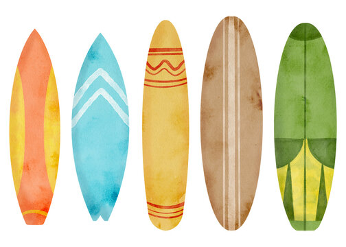 Watercolor surfboards set. Hand drawn colorful surf board illustration isolated on white background. Sea wave extreme sport. Summer beach fun, retro holiday vacation design for cards, logo, print.