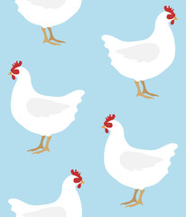 Vector seamless pattern of hand drawn flat chicken hen isolated on blue background