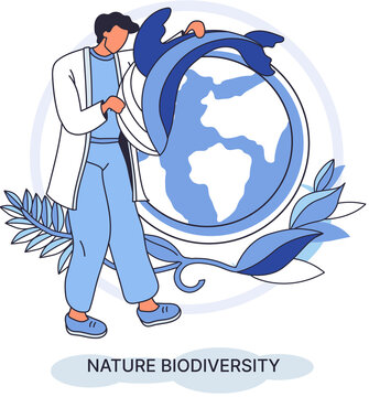 Biodiversity And Environmental Animal Species Protection Concept. Saving Wildlife Ecosystem. Male Scientist Hugging Blue Planet With Variety Of Flora And Fauna. Conservation And Climate Awareness