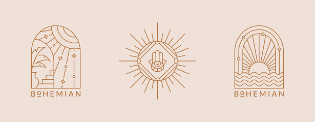 Boho logos. Vector isolated emblems with sun. Elegant line design for esoteric, spiritual therapy practices, travel agencies, outdoor resort, spa hotels, glamping, etc. Trendy bohemian aesthetic.