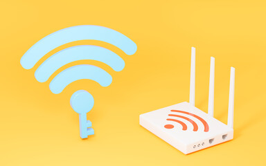 Wifi and router in the yellow background, 3d rendering.