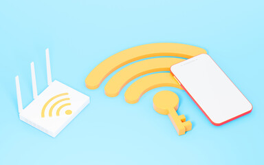 A router and mobile phone in the blue background, 3d rendering.